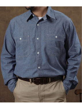 Non Stock Men's Long-Sleeve Chambray Shirt Blue Button Down Pocket Work S